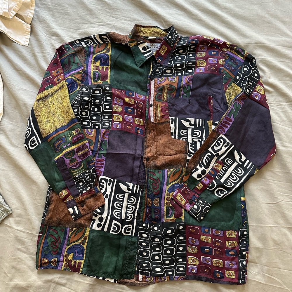 Colorful Patchwork Button Down Silk Shirt - image 1